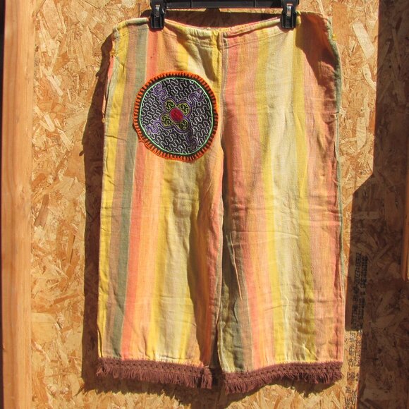 NWT Peruvian Import Fringe Striped Long Shorts Sz M Boho Tribal Festival Hippie - Picture 1 of 9